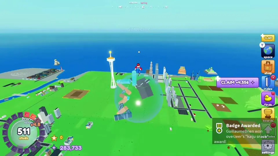 Badge Awarded popup in the corner while rolling over a city at 511 studs