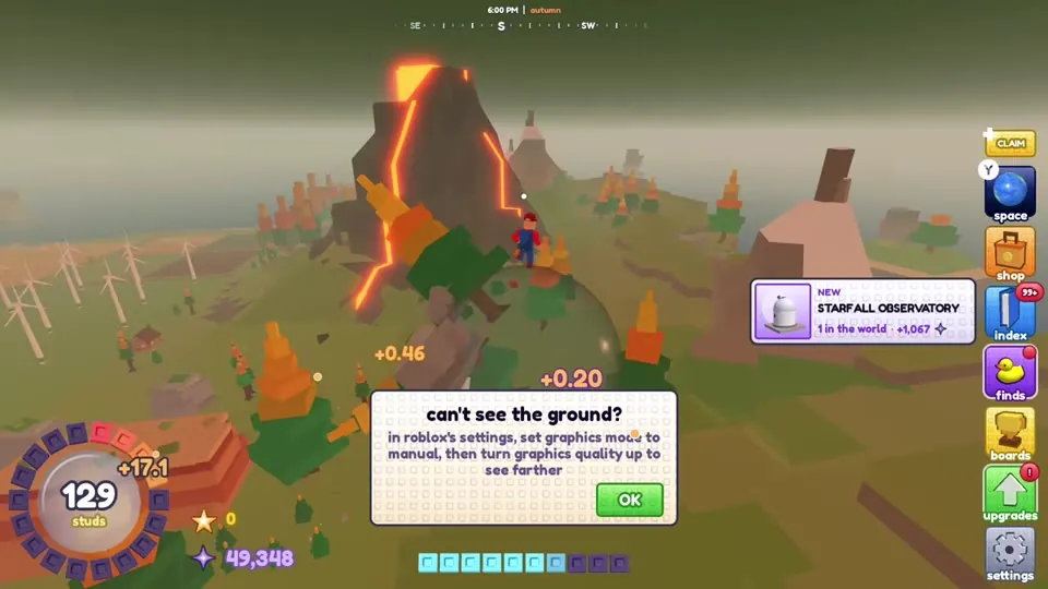 Tip box at 129 studs: cannot see the ground? raise graphics quality in Roblox settings