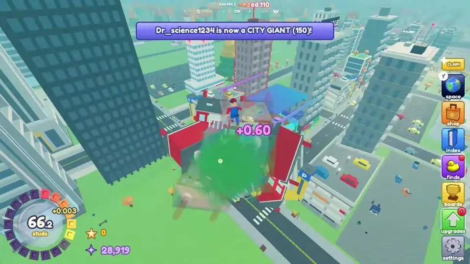 Ball at 66 studs rolling through downtown