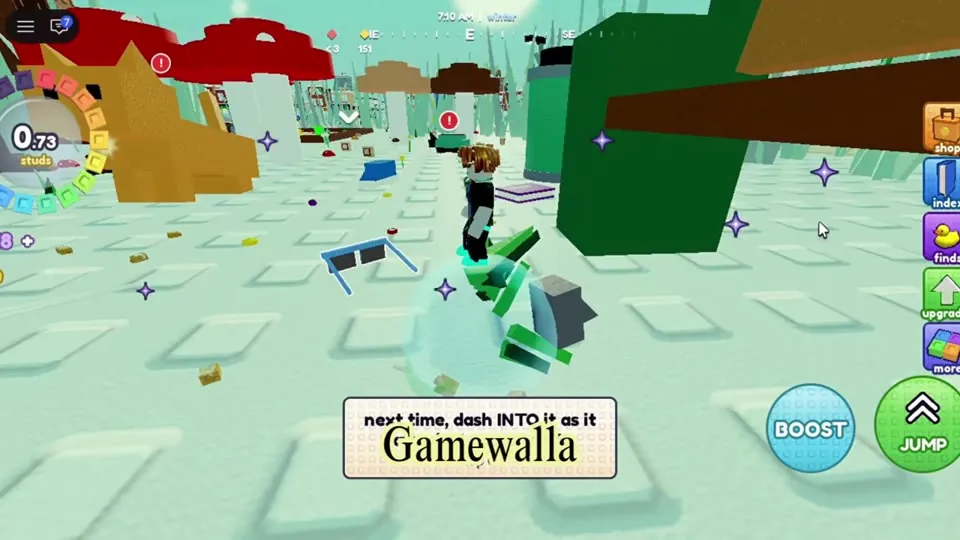 Mobile view with Boost and Jump buttons and the tip: next time, dash into it as it attacks to counter it