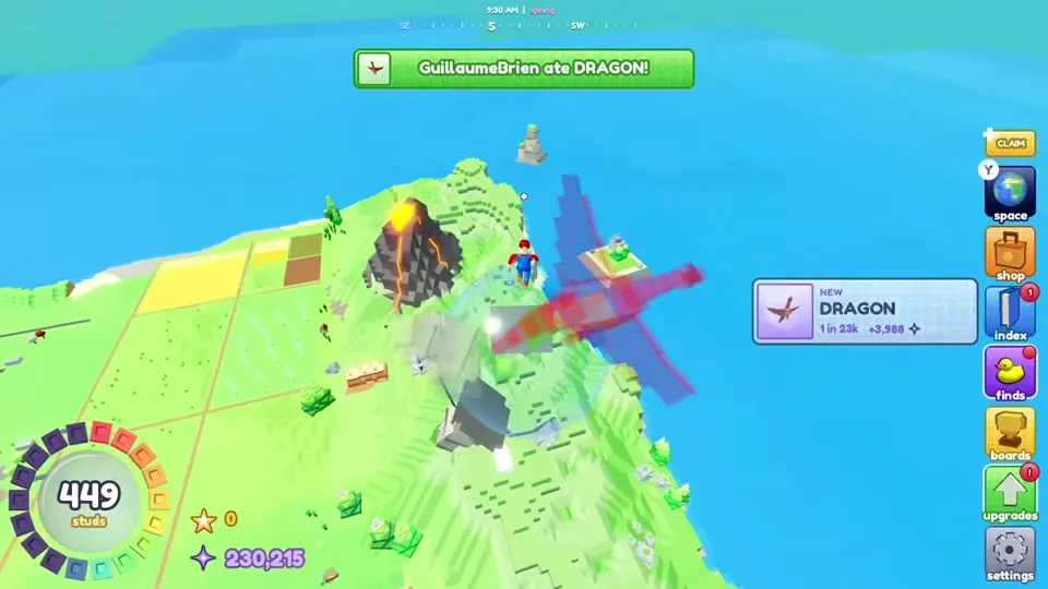 Ball rolling past an erupting volcano while a dragon appears on screen as a new item