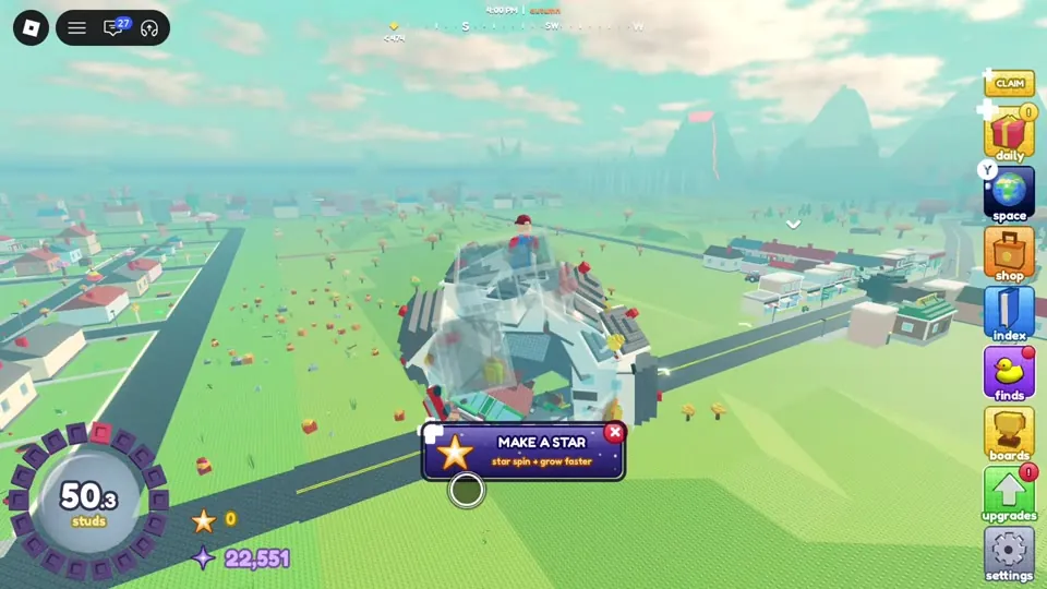 Ball of houses and cars at 50.3 studs with the Make a Star prompt and the daily, space, shop, index, finds, boards, upgrades and settings buttons
