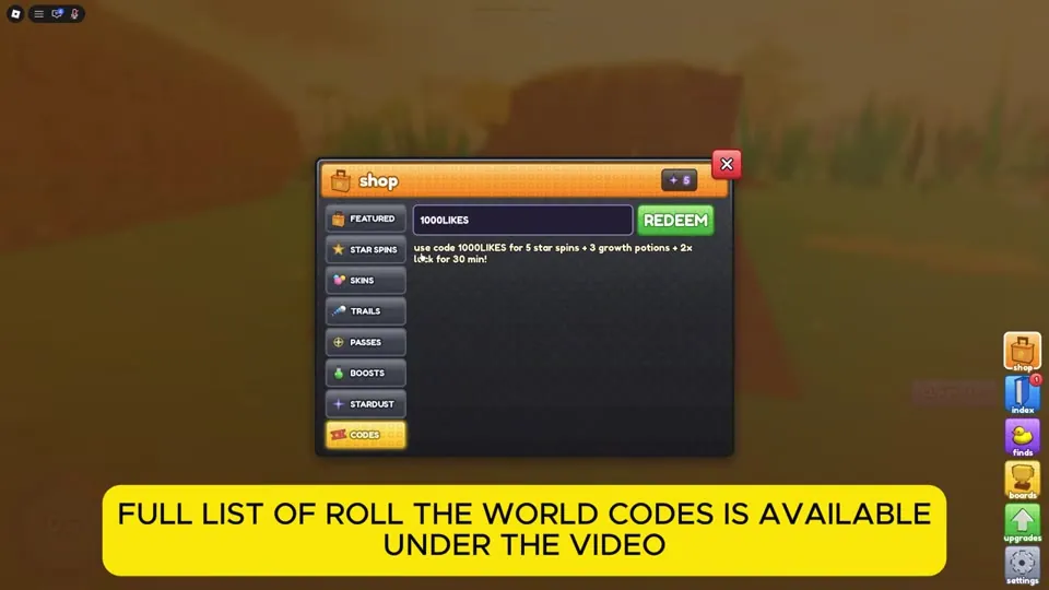 Shop codes tab with 1000LIKES entered and the reward text: 5 star spins, 3 growth potions and 2x luck for 30 min