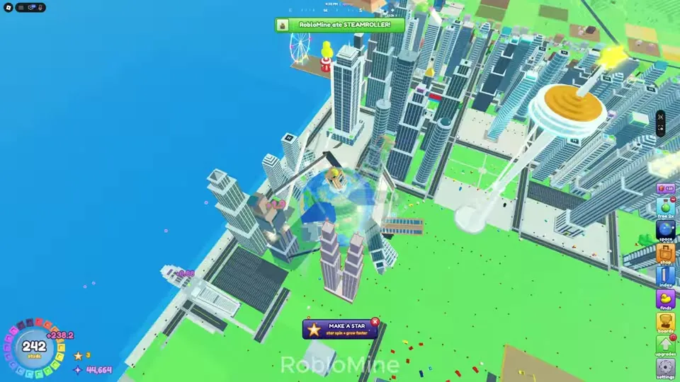 Ball next to skyscrapers and a giant golden disc