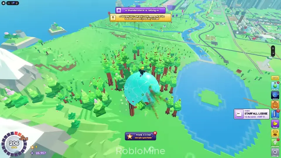 Large ball rolling through a pine forest next to a lake