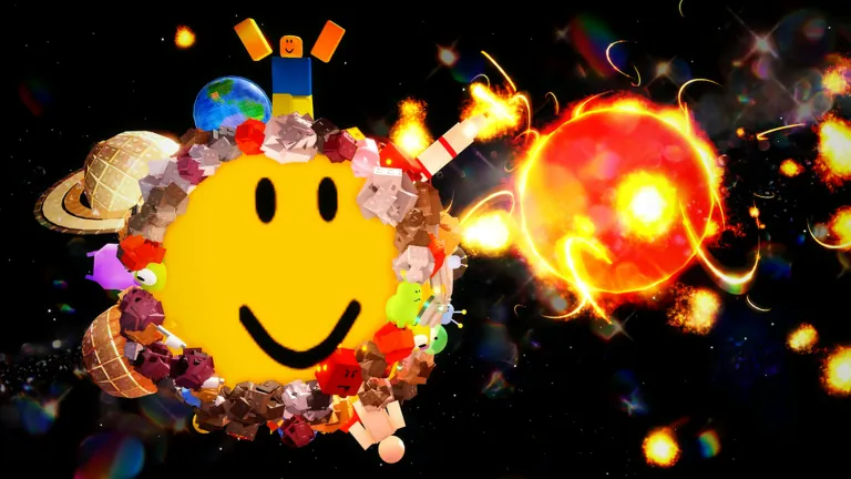 Smiley ball with a ringed planet rolling toward the sun