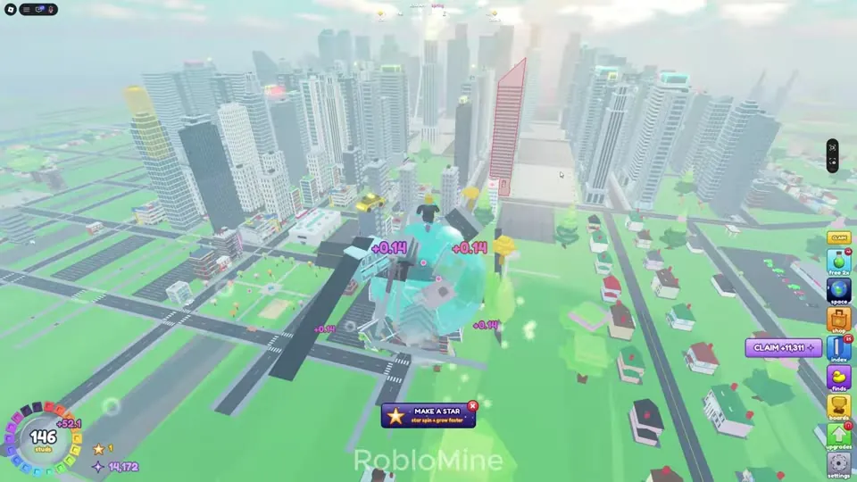 Ball rolling past tall towers and roads